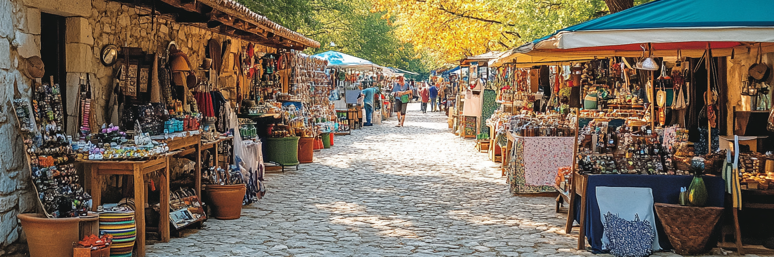 an outdoor marketplace with vendor stalls